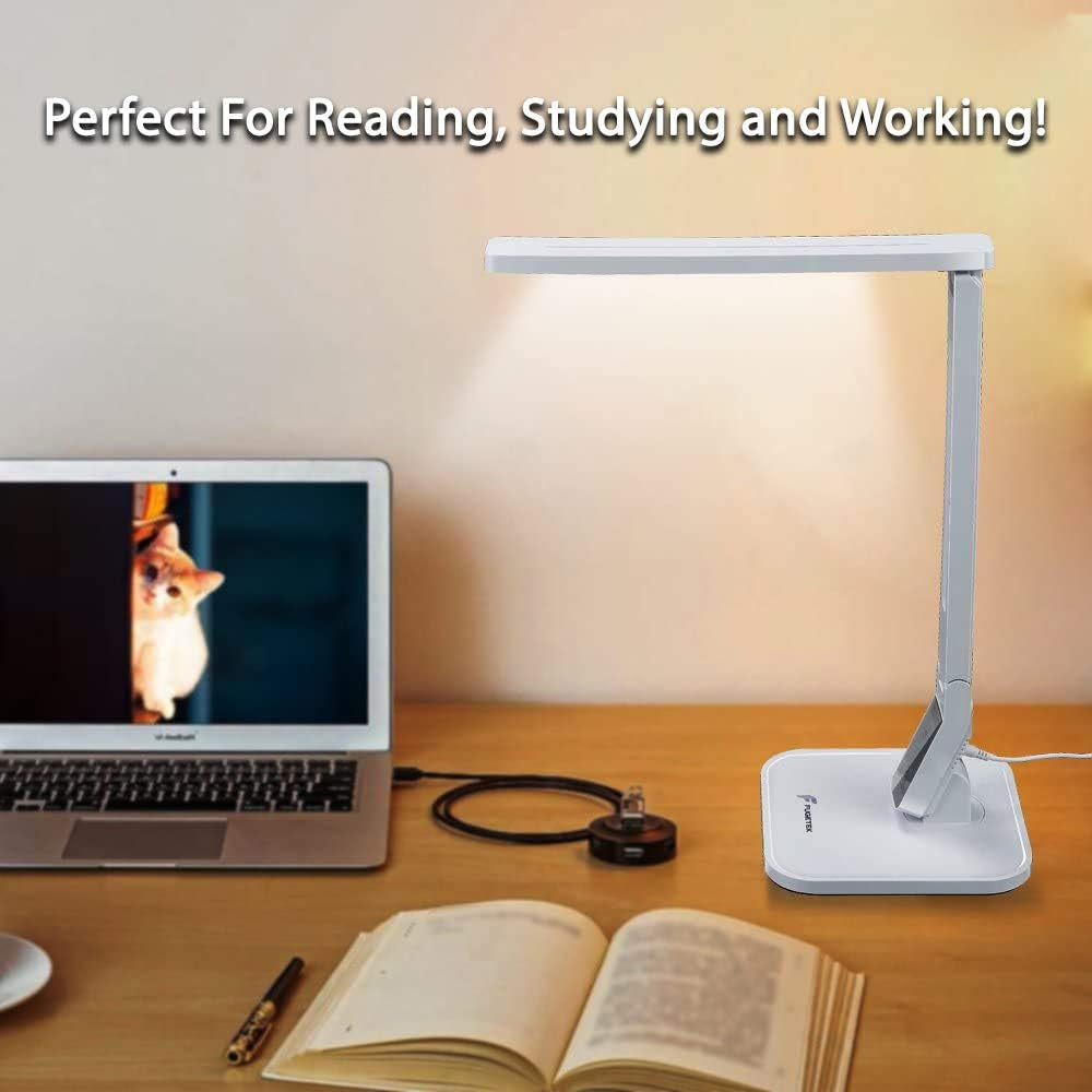 LED Desk Lamp FT-L798, 5-Level Dimmer, Touch Control Panel, 1-Hour Auto Timer, 5V/1A USB Charging Port - Jet Black (White)