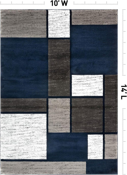 Modern Geometric Boxes Navy Area Rug, Fade-Resistant Carpet for Large Living Room, Bedroom, or Open Space, 10' X 14'