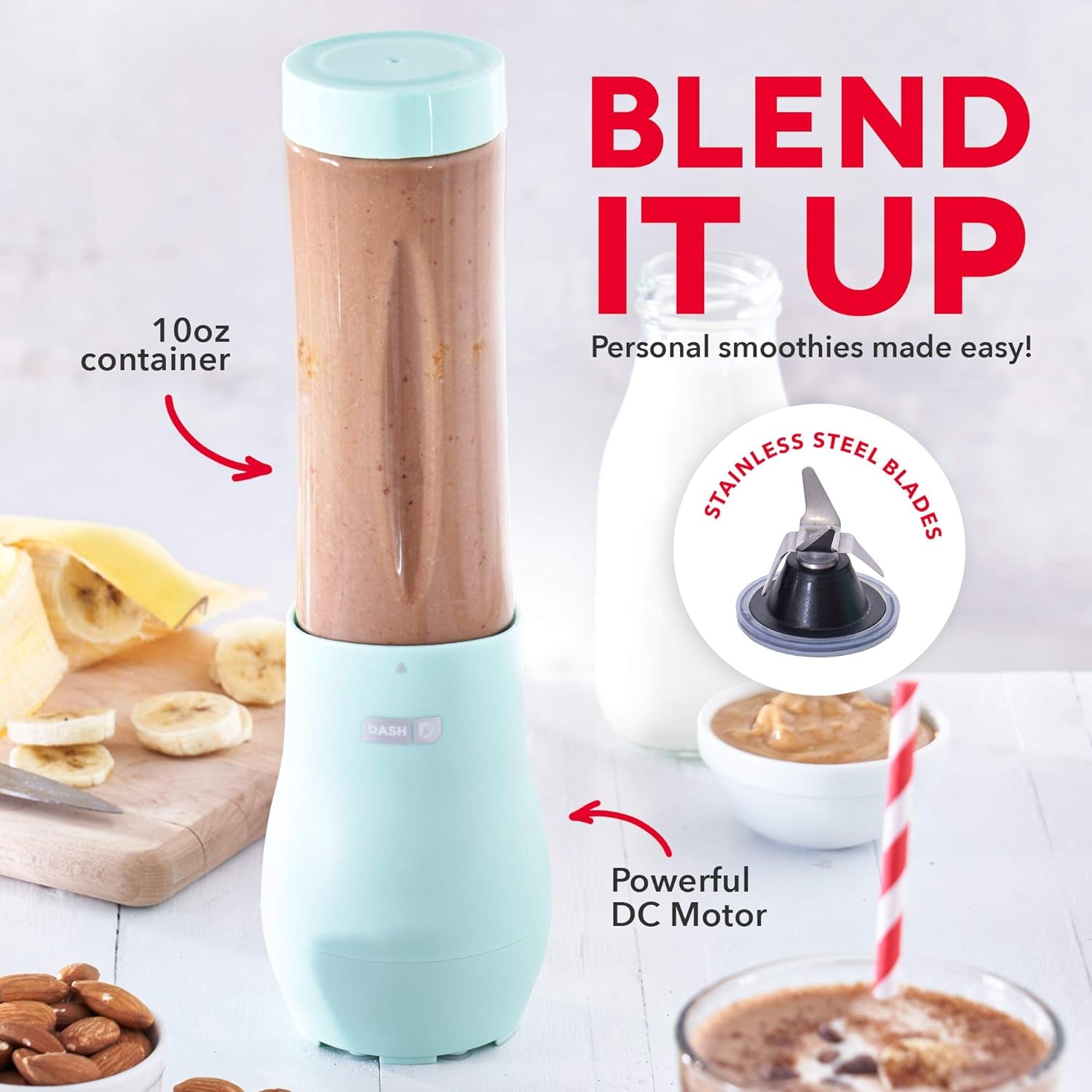 Mighty Mini 10 Oz Compact Personal Bottle Blender with Travel Lid, Aqua