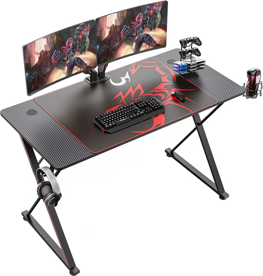 Gaming Desk 47 Inch, X Shaped Computer Desk with Mouse Pad, Headphone Hook, Gaming Controller Stand, Cup Holder